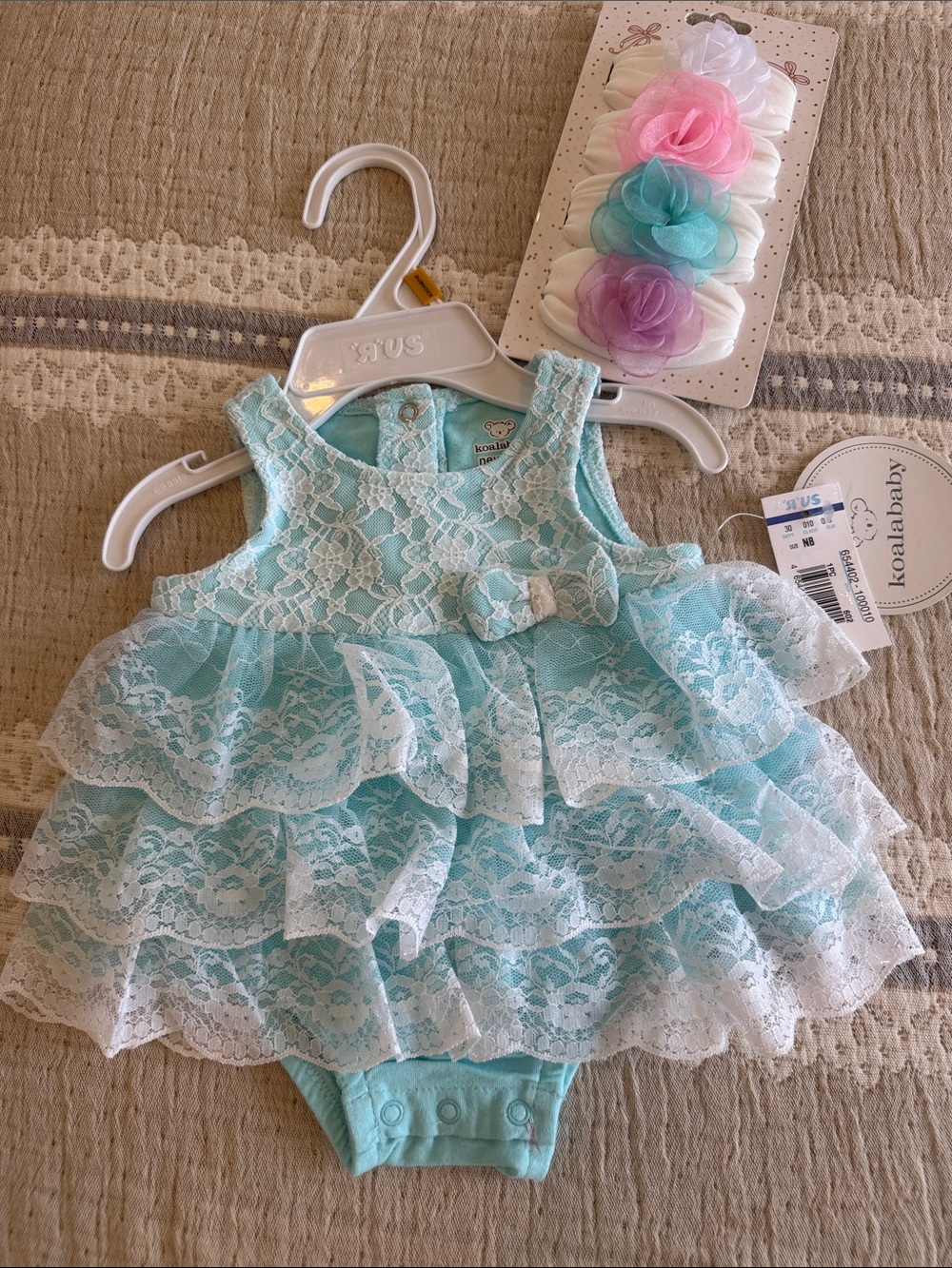 Koala Kids Aqua Lace Tiered Ruffle Bodysuit with Floral Headband